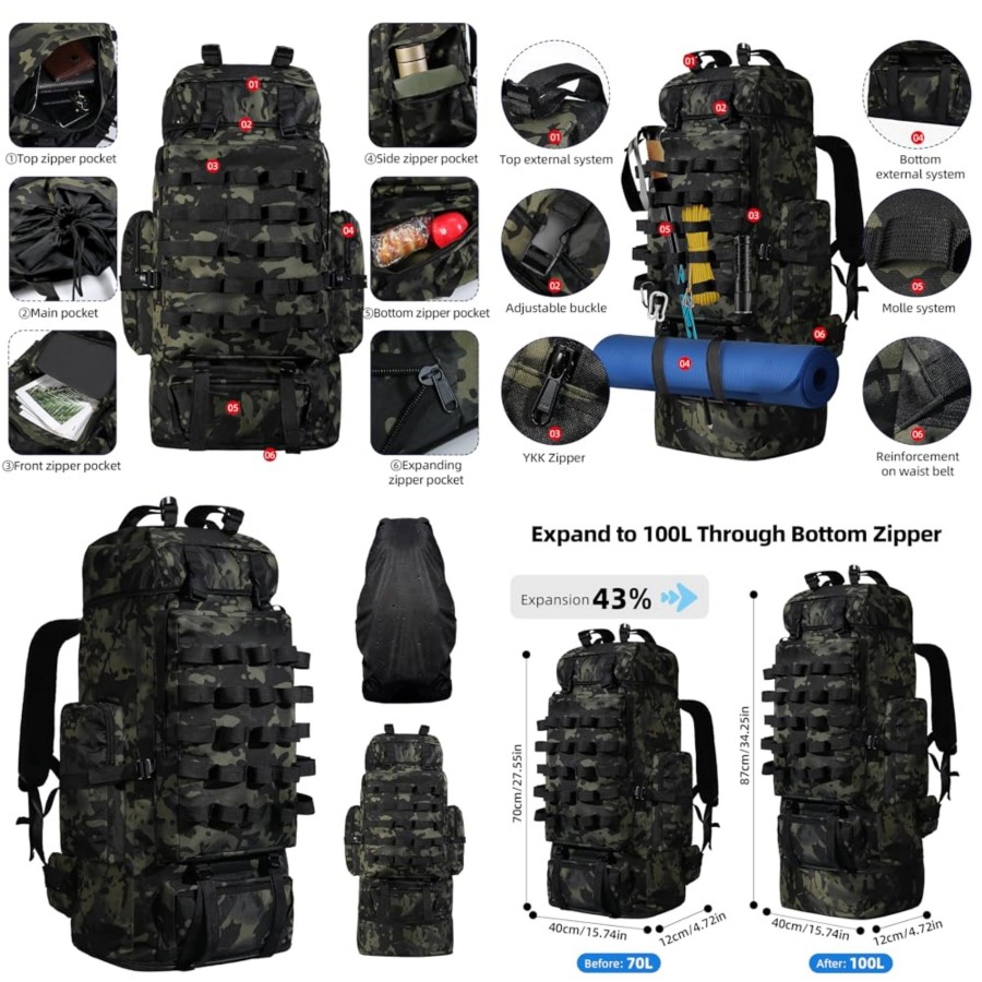 70L/100L Camping Hiking Backpa - Rain Cover Backpack recensione e prezzo
